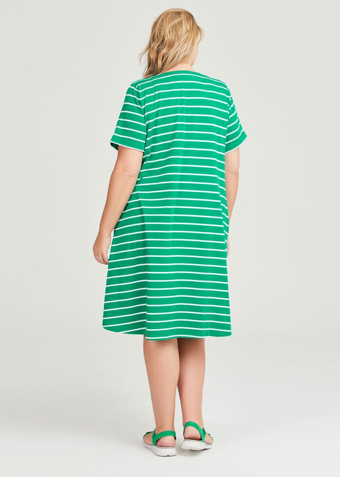 Cotton V-neck Stripe Dress, , hi-res