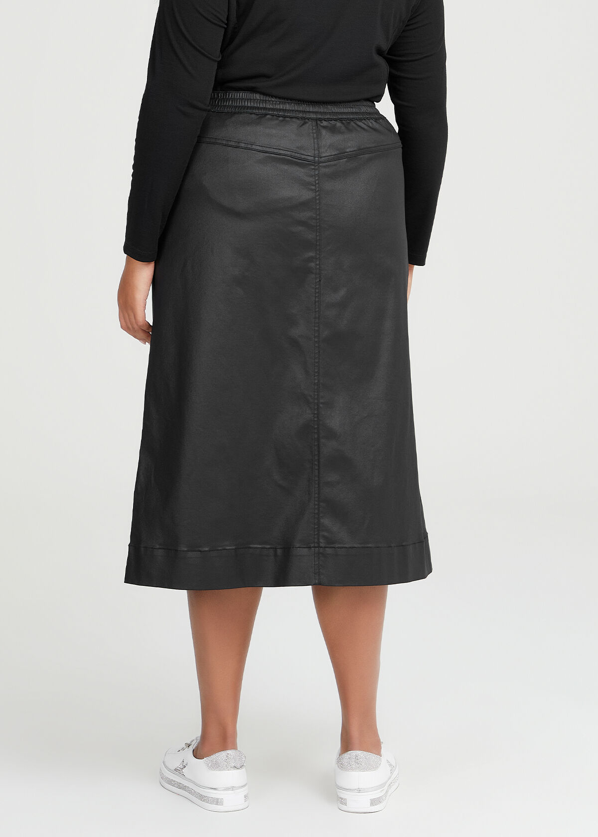 Shop Plus Size Coated Denim Spliced Skirt in Black Taking Shape AU