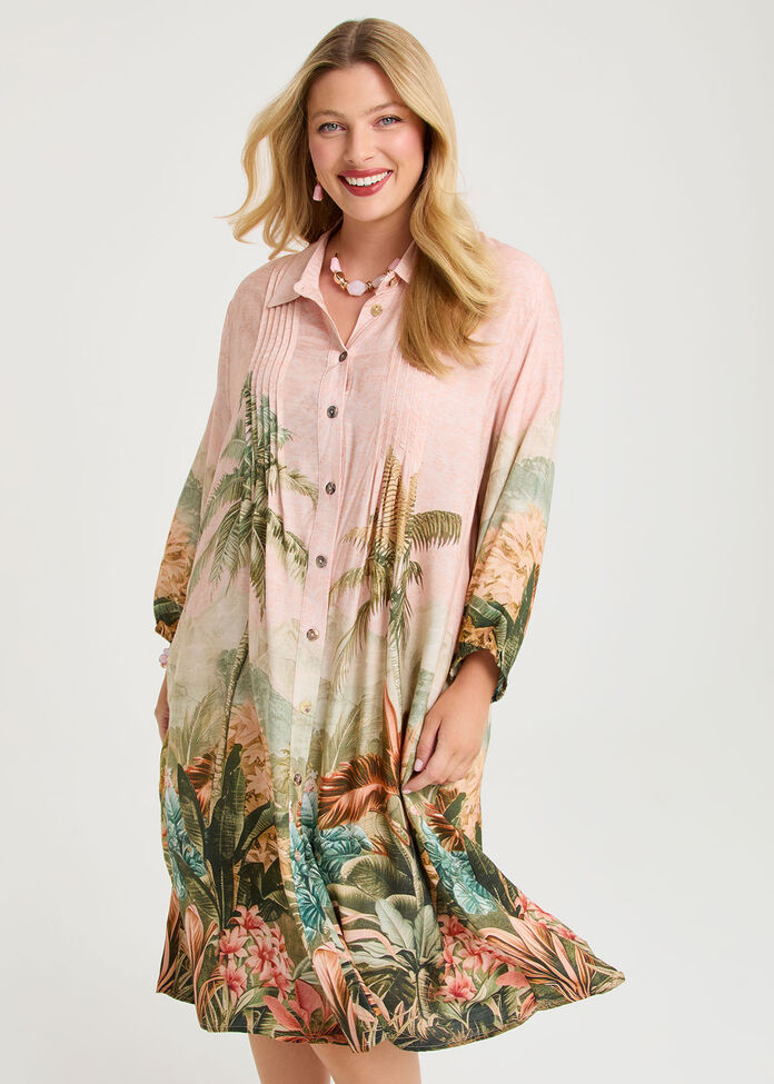 Pintuck Palm Natural Shirt Dress, , hi-res