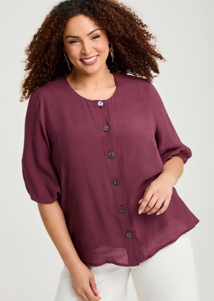 Natural Balloon Sleeve Button Top, , hi-res