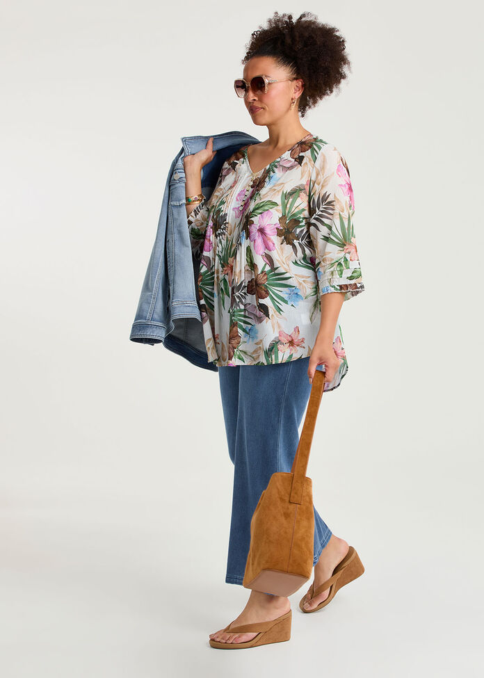 Cotton 3/4 Sleeve Pintuck Top, , hi-res