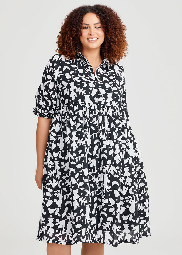 Cotton Collared Printed Dress, , hi-res