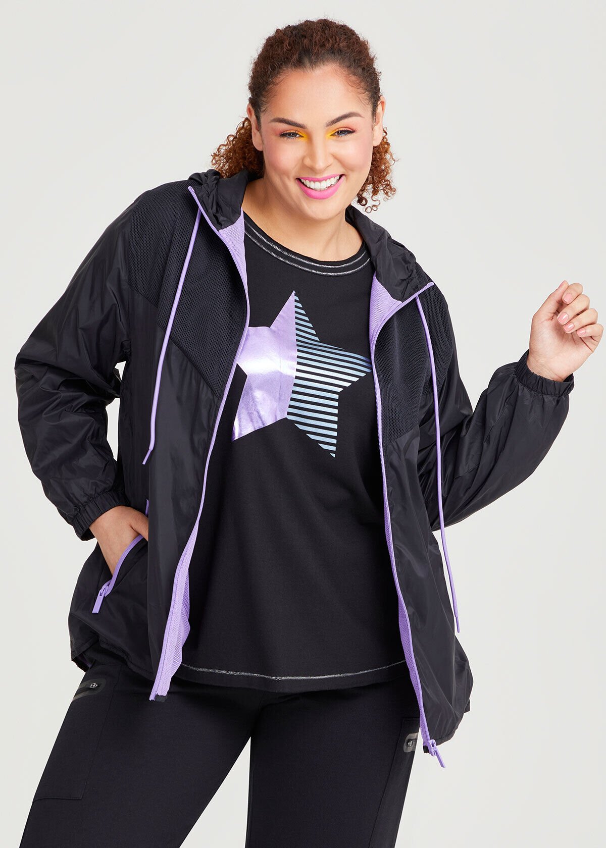 Shop Plus Size Active Contrast Rain Jacket in Black Taking Shape AU