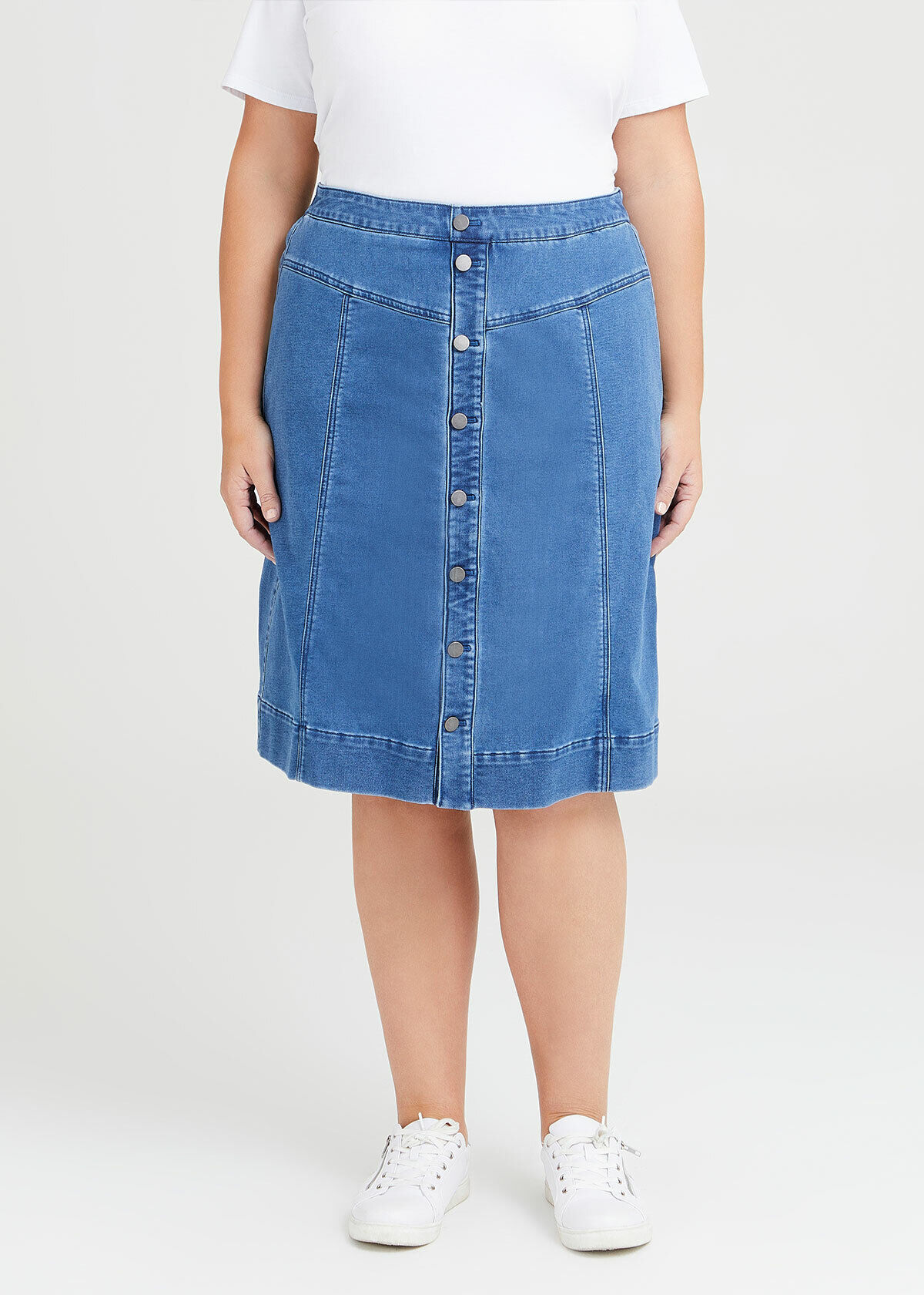 Shop Plus Size Denim Button Skirt in Blue Taking Shape AU