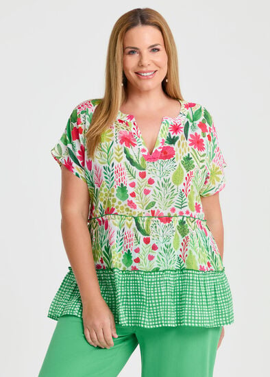 Plus Size Cotton Print Gingham Tiered Top