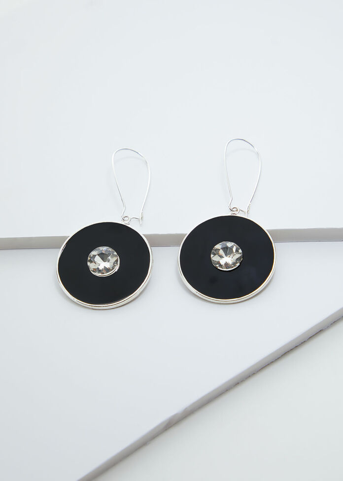 Black Enamel Disc Earrings, , hi-res