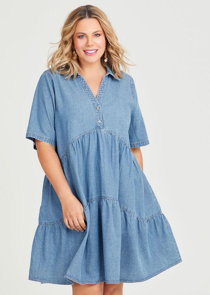 Shop Plus Size Chambray Collared Tiered Dress in Blue | Taking Shape AU