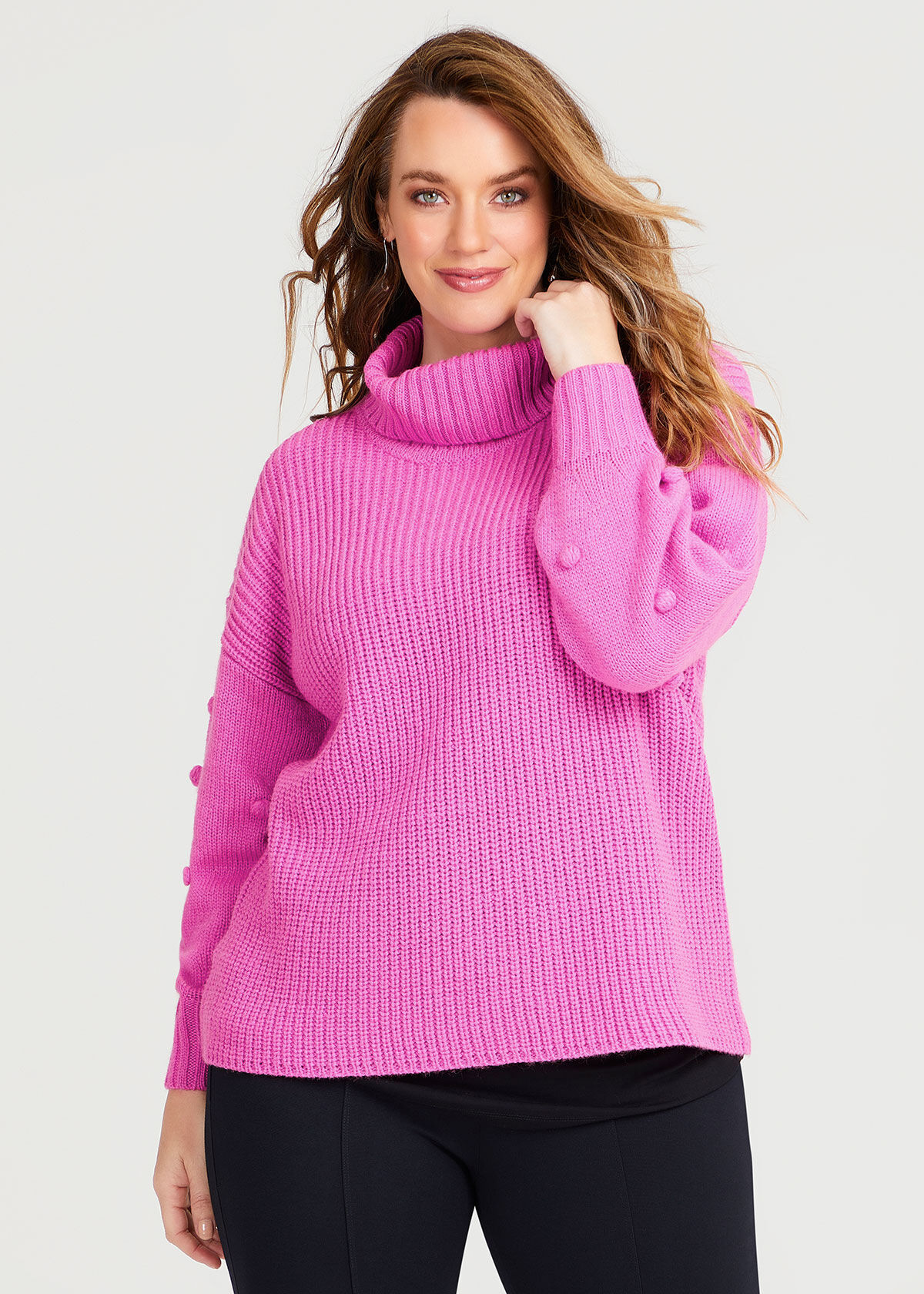 Shop Plus Size Balloon Sleeve Roll Neck Jumper in Red Taking