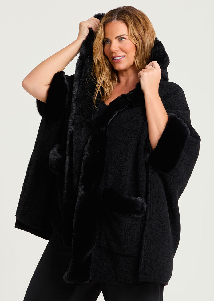 Hooded Fur Luxurious Cape, , hi-res