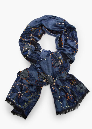 Blue Flower Embroidered Scarf