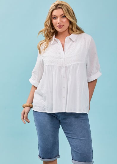 Plus Size Cotton Broderie Spliced Shirt