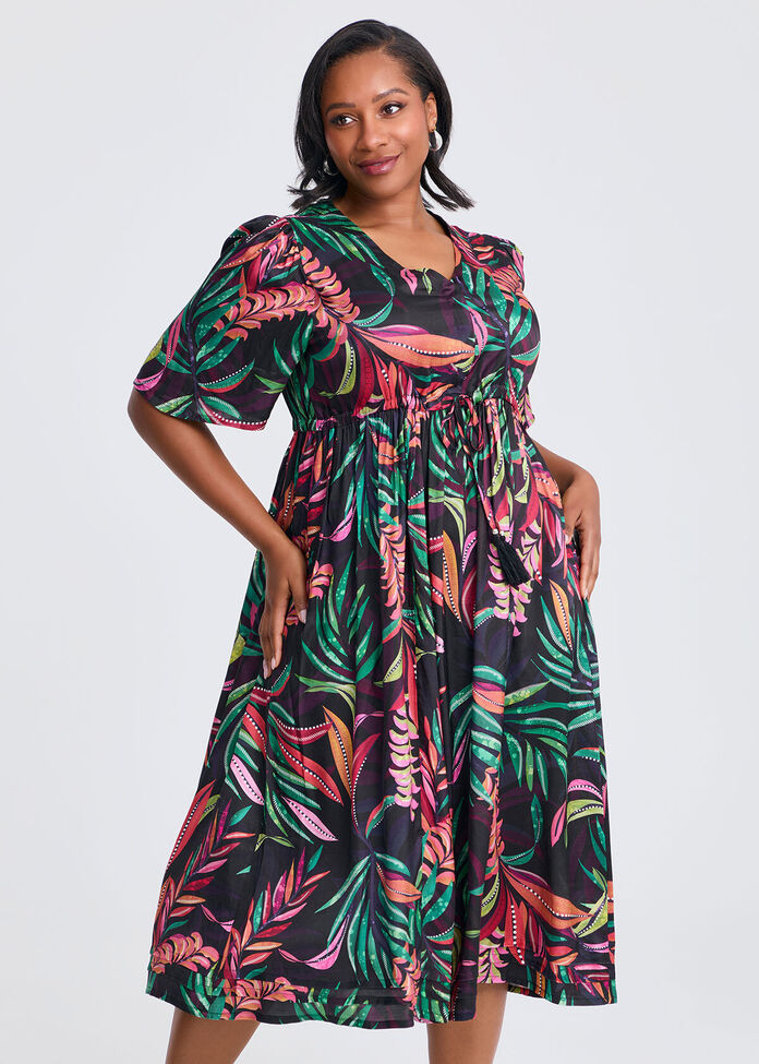 Natural Abstract Palm Dress, , hi-res