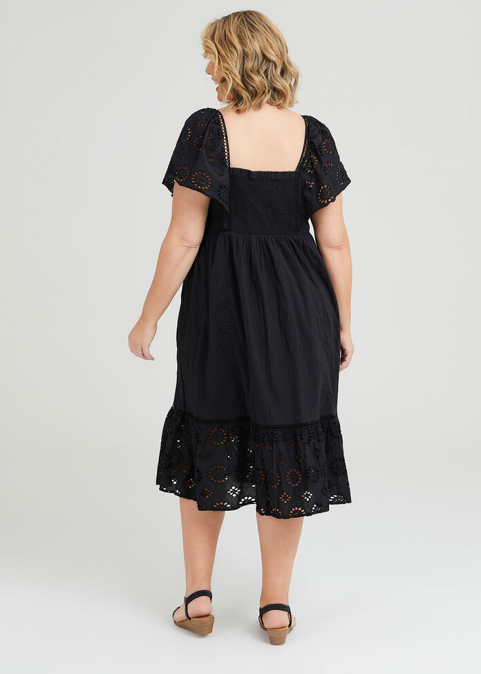 Shop Plus Size Natural Broderie Tiered Dress in Black | Sizes 12-30 ...