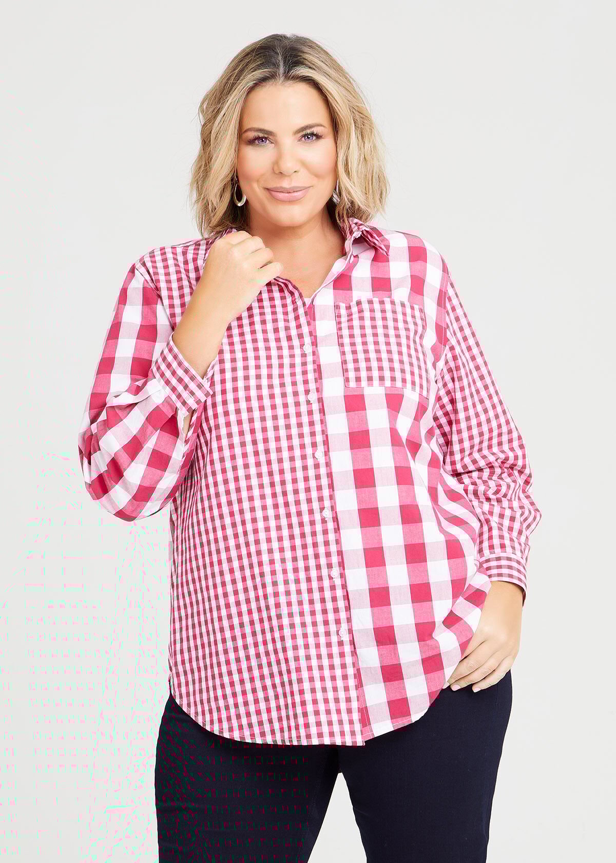 Plus size red best sale check shirt