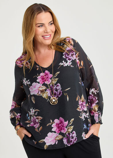 Plus Size Floral Tencel Shirred Sleeve Blouse