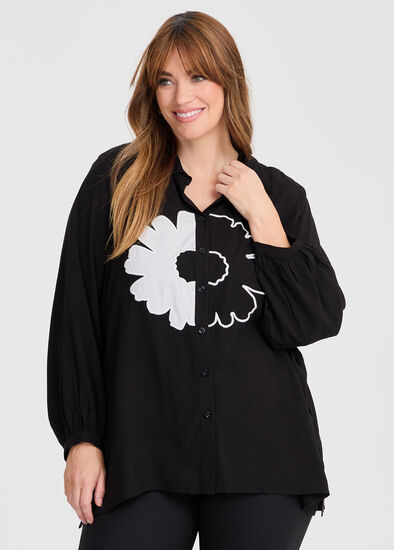 Plus Size Bamboo Flower Long Sleeve Shirt