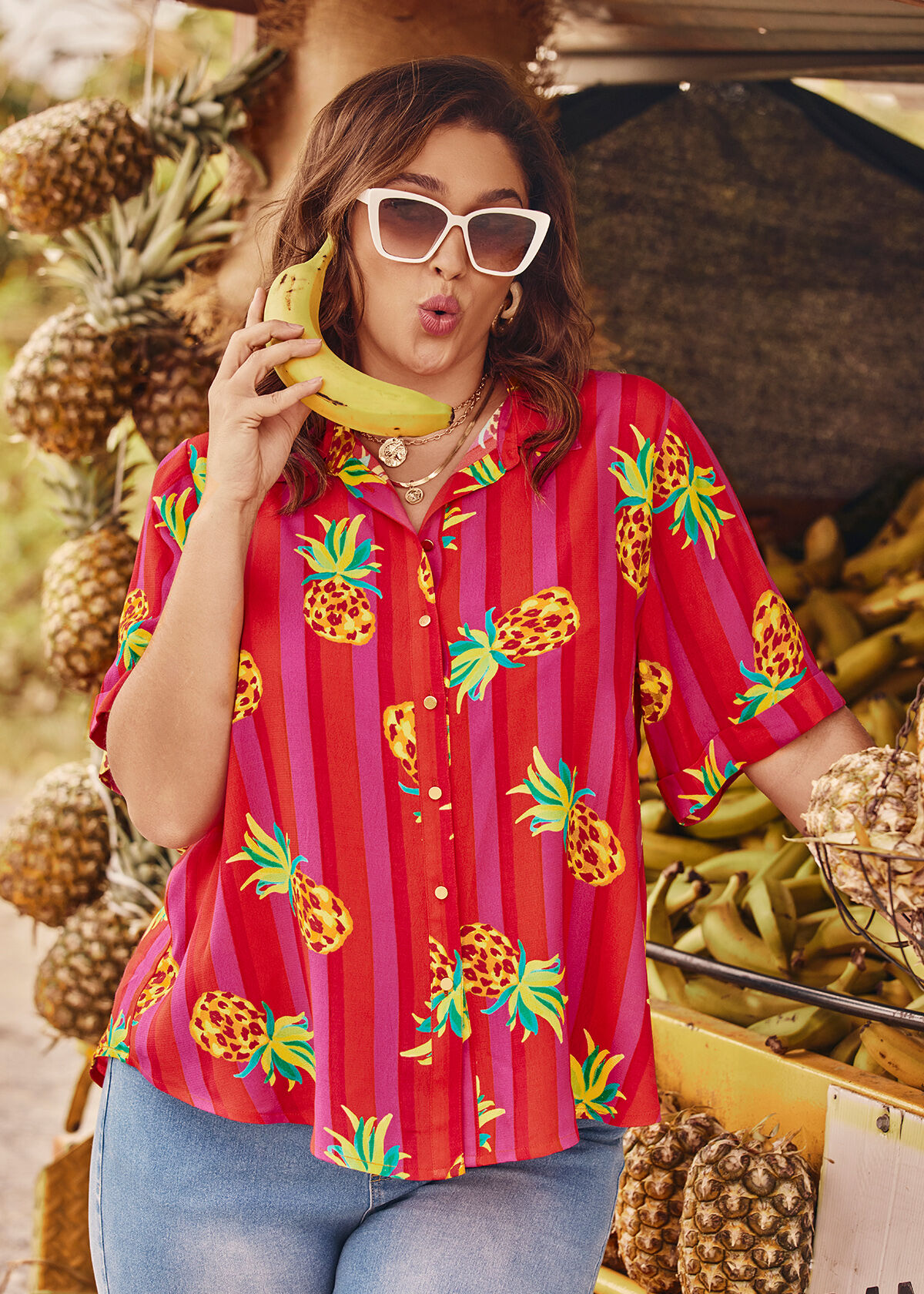 Shop Plus Size Natural Pineapple Stripe Shirt in Multi Taking Shape AU