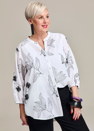 Plus Size Cotton Linear Embroidery Top