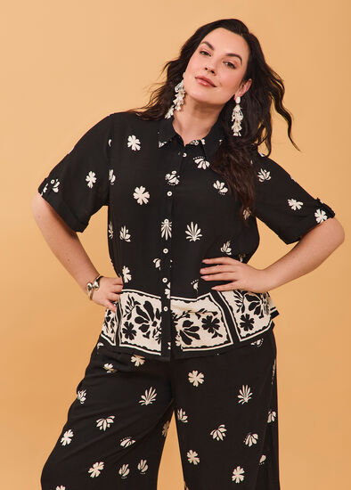 Plus Size Natural Border Print Shirt