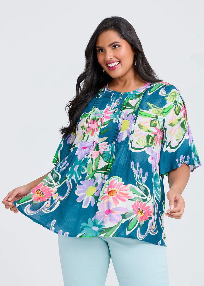 Natural Pastel Floral Pintuck Top, , hi-res