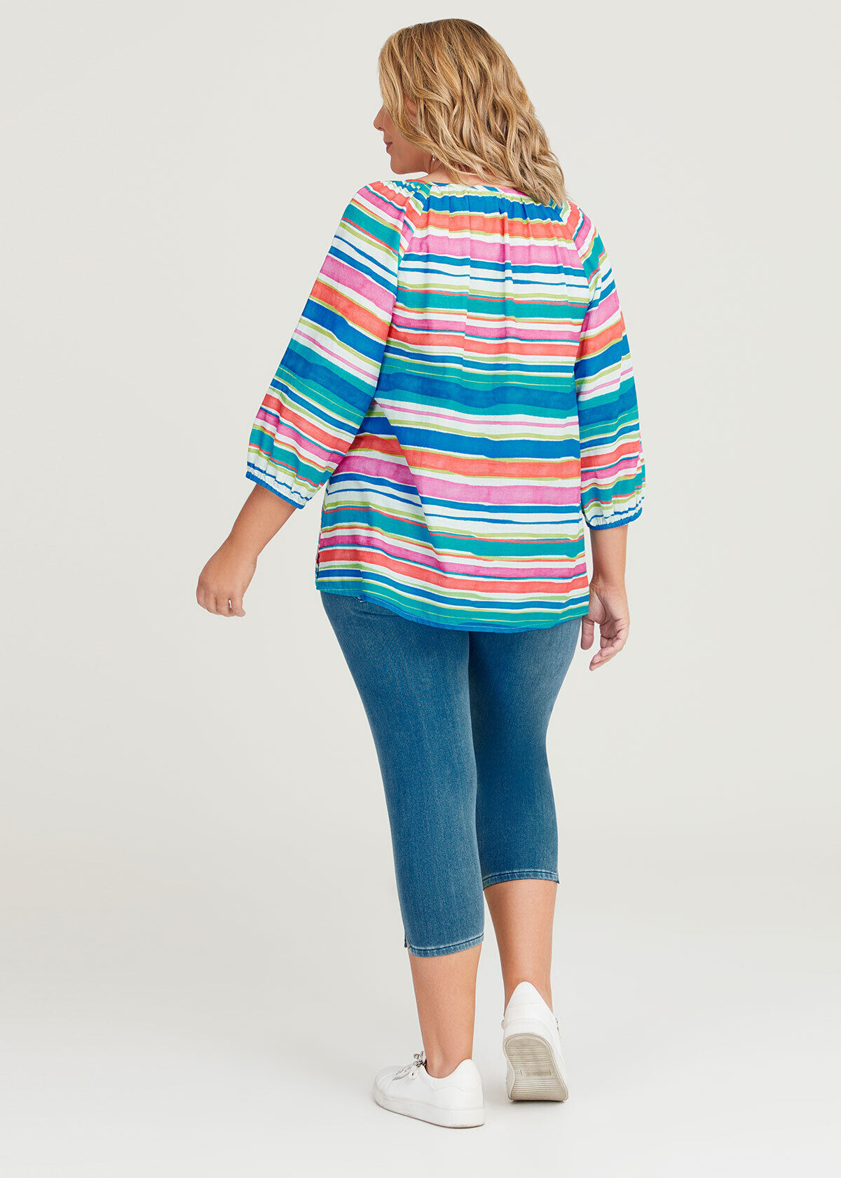 Shop Plus Size Cotton Summer Stripe Peasant Top in Multi Taking