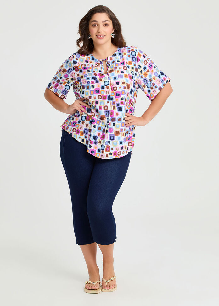 Tie Neck Check Natural Top, PRINT, hi-res
