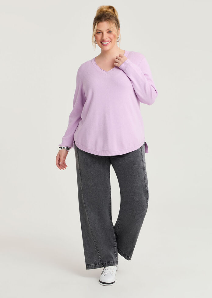 Curved Hem V-neck Jumper, , hi-res