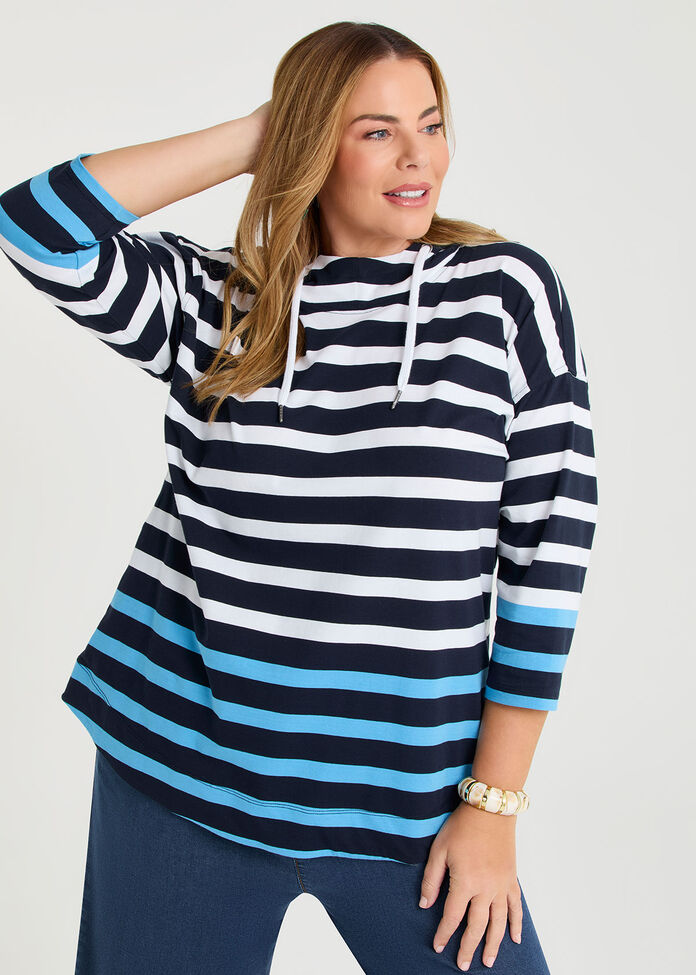 Cotton Stripe Hooded Top, , hi-res