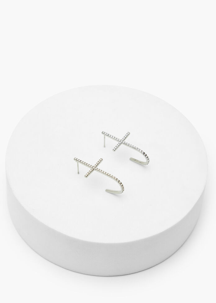 Diamante Cross Hoop Earrings, , hi-res