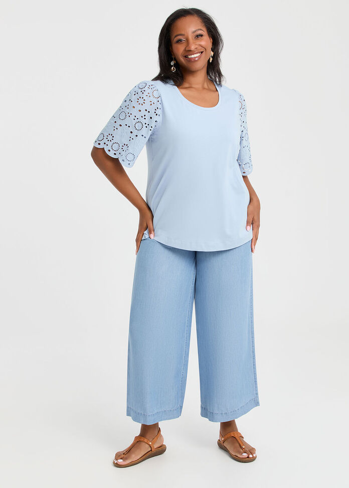 Cotton Broderie Sleeve T-shirt, , hi-res