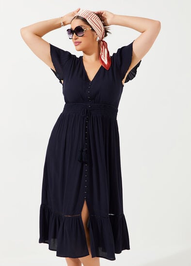 Plus Size Natural Crinkle Button Dress