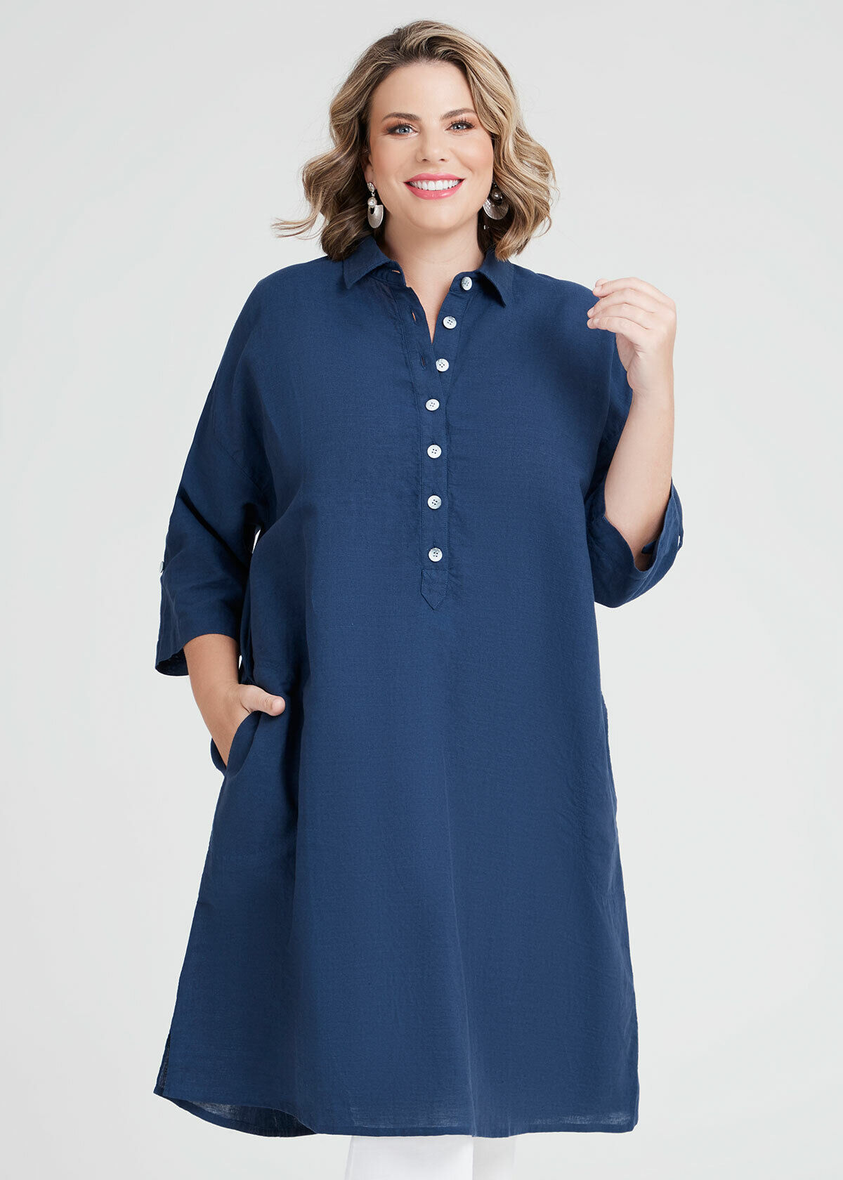 Shop Linen Capri Shirt Dress in Blue in 