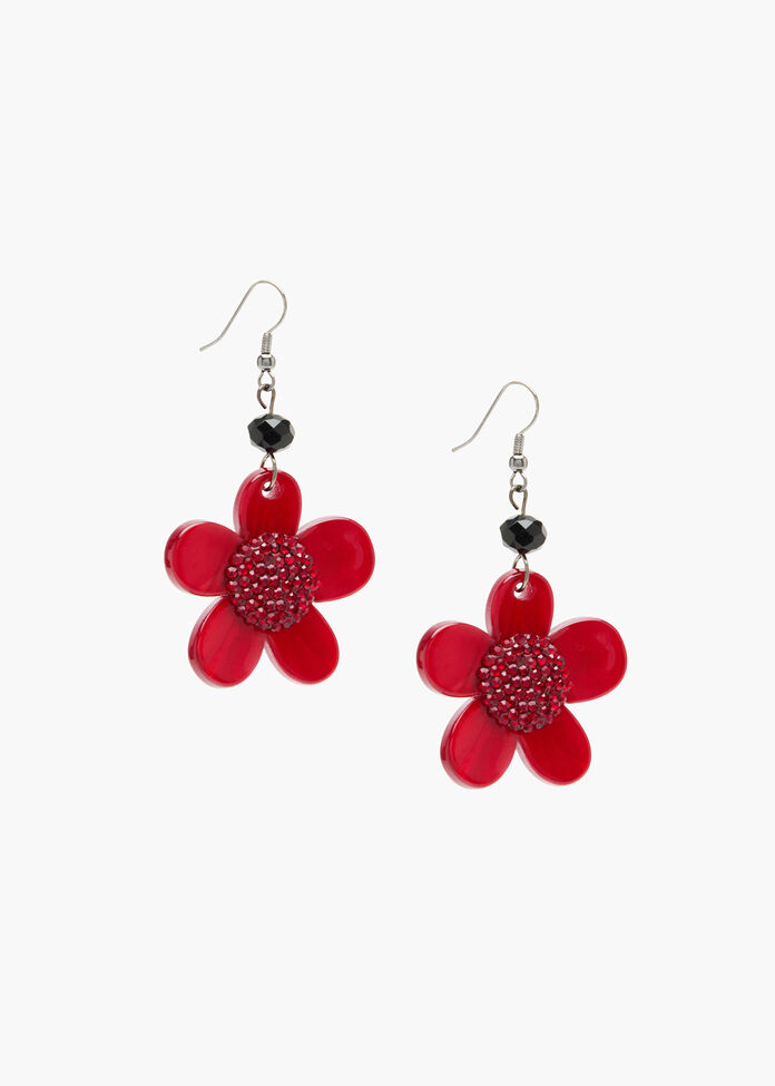 Red Diamante Flower Earrings, , hi-res