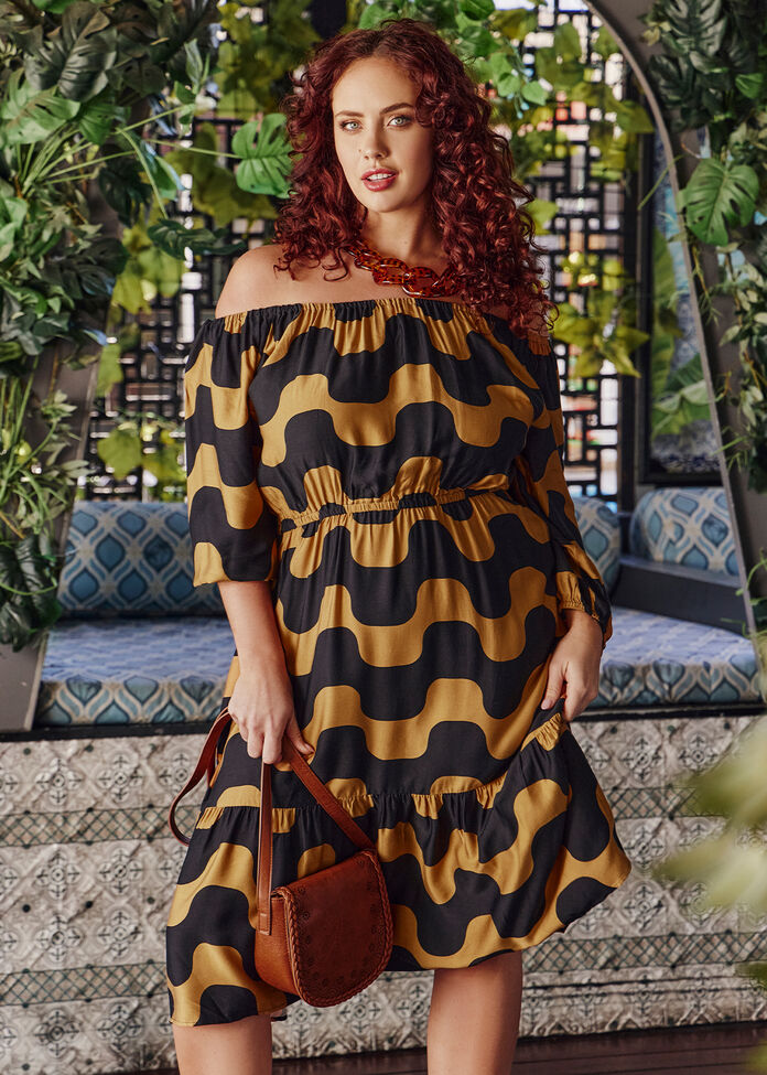 Natural Abstract Waves Dress, BLACK/CARAMEL, hi-res
