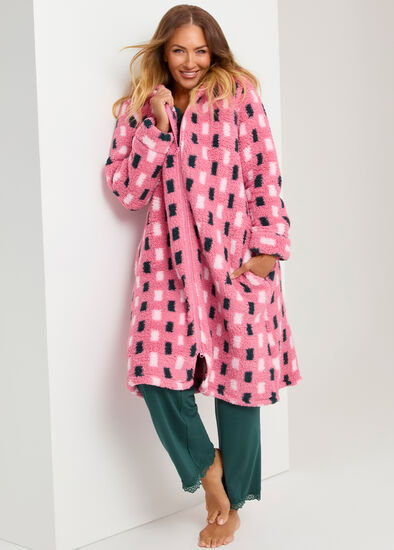 Plus Size Plush Check Hooded Dressing Gown