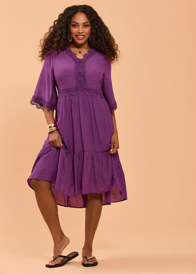Plus Size Natural Lace Trim Tiered Dress