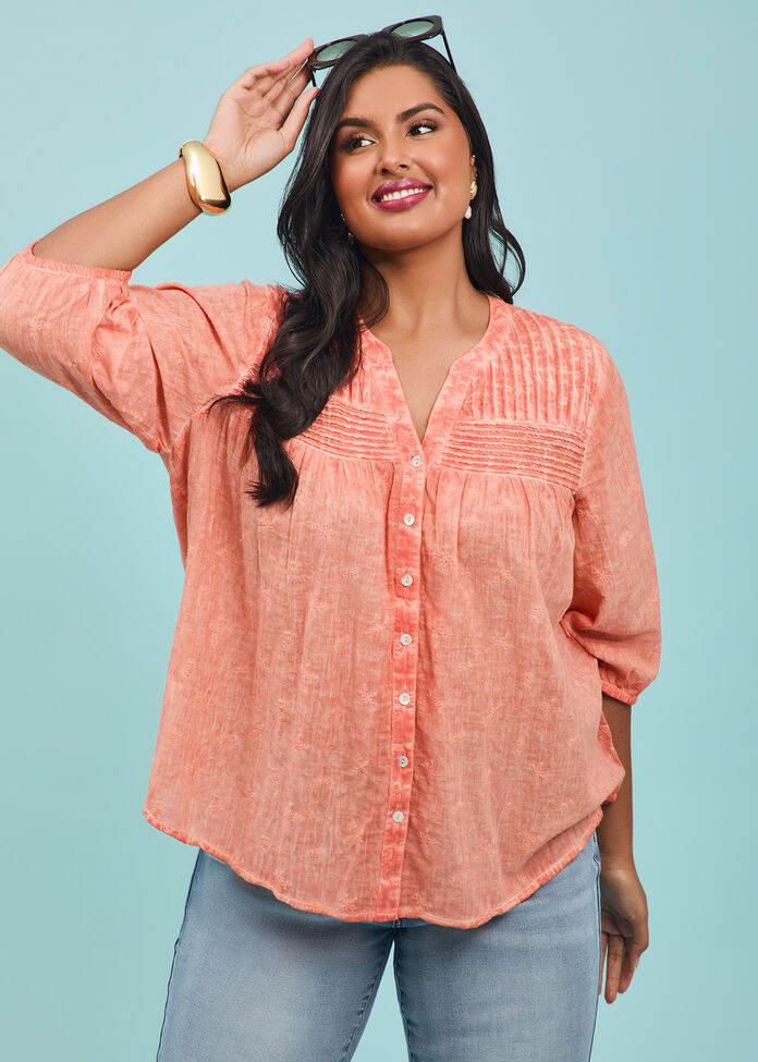 Cotton Pintuck Embroidery Top, , hi-res