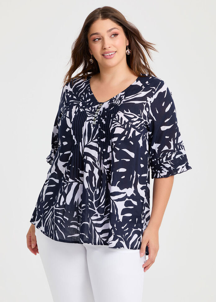 Cotton Palm Leaf Pintuck Top, , hi-res