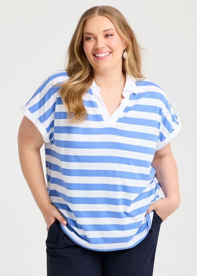 Plus Size Cotton Stripe Polo Top
