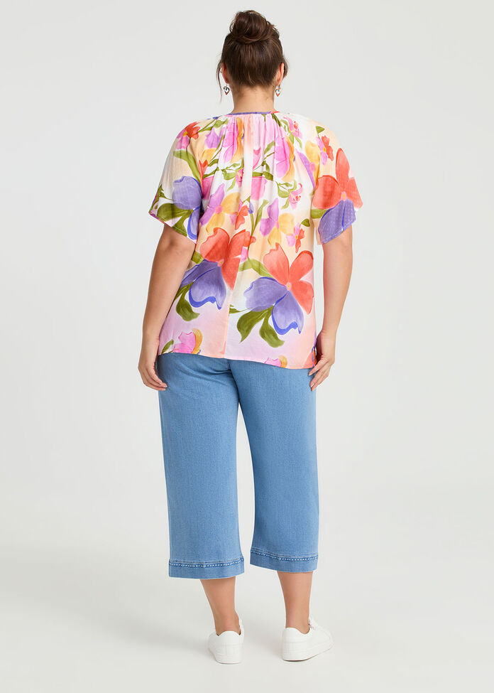Natural Watercolour Blooms Top, PRINT, hi-res