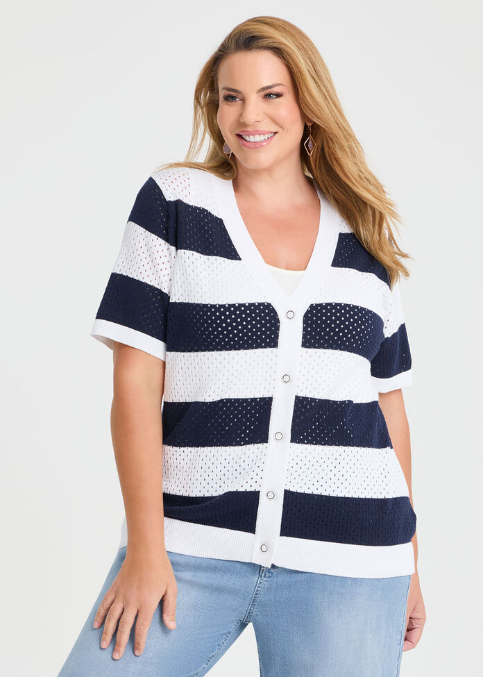 Cotton Button Up Knit Cardigan, WHITE/NAVY, hi-res