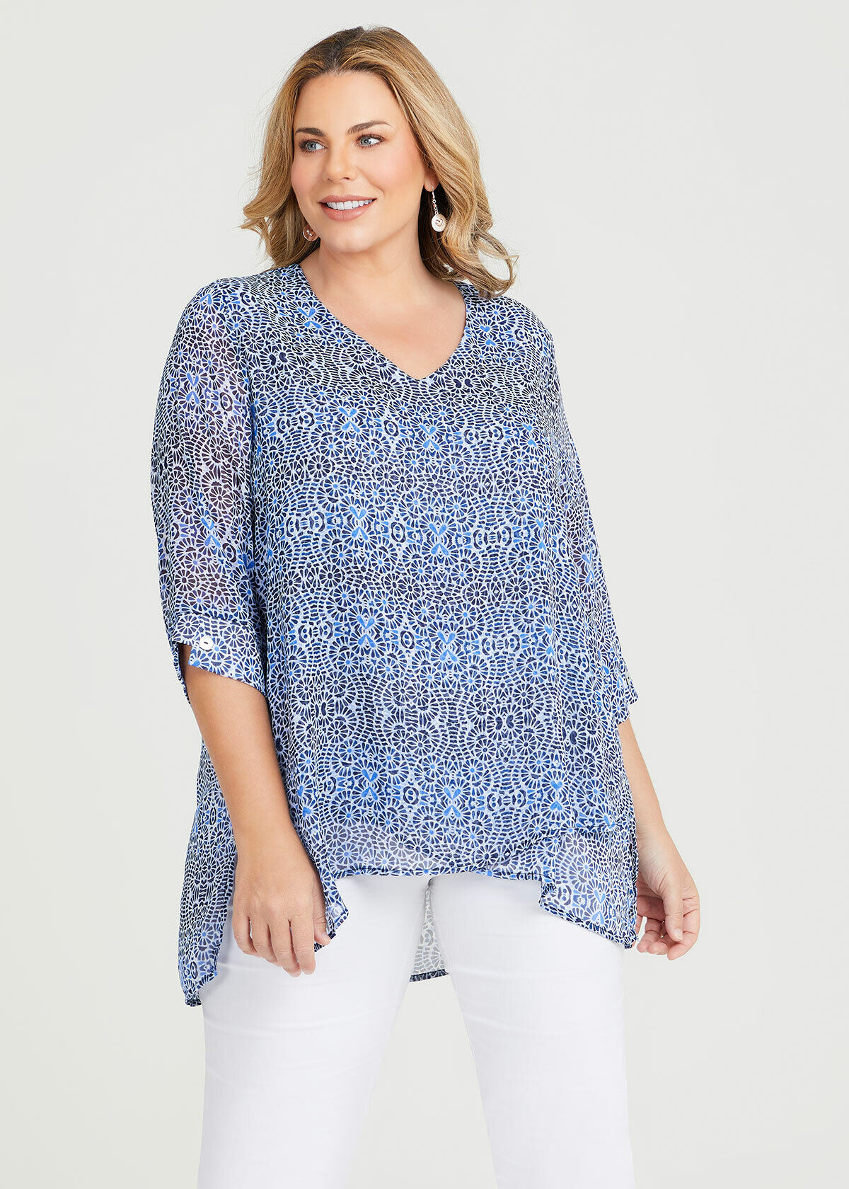 Shop Plus Size Chiffon Printed Swing Top in Blue Taking Shape NZ