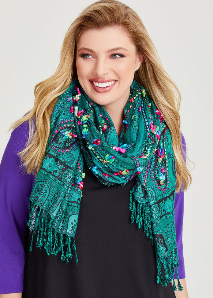 Green Paisley Embroidered Scarf, , hi-res