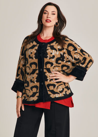 Plus Size Leopard Fluffy Knit Cardigan