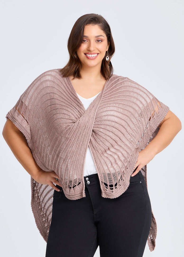 Open Knit Twist Front Poncho, , hi-res