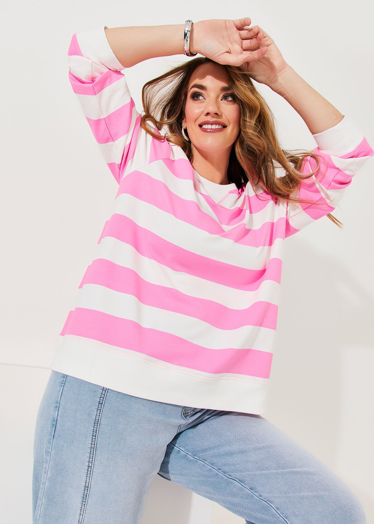 Pink and white striped sweatshirt deals
