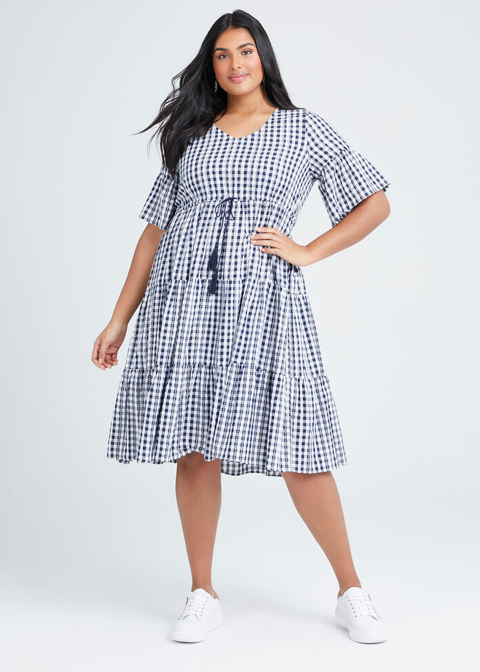 Cotton Gingham Tiered Dress, , hi-res