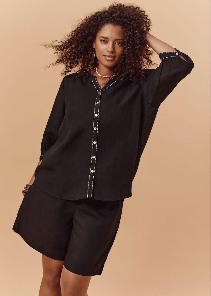 Linen Blend Contrast Stitch Top, , hi-res