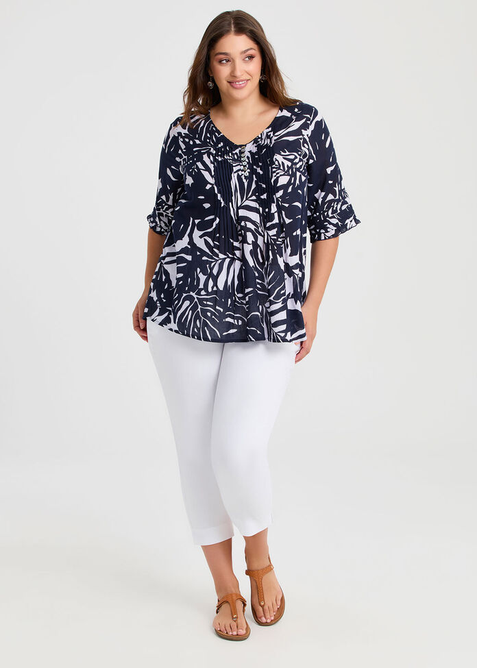 Cotton Palm Leaf Pintuck Top, , hi-res