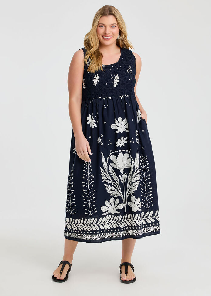 Cotton Shirred Floral Dress, , hi-res